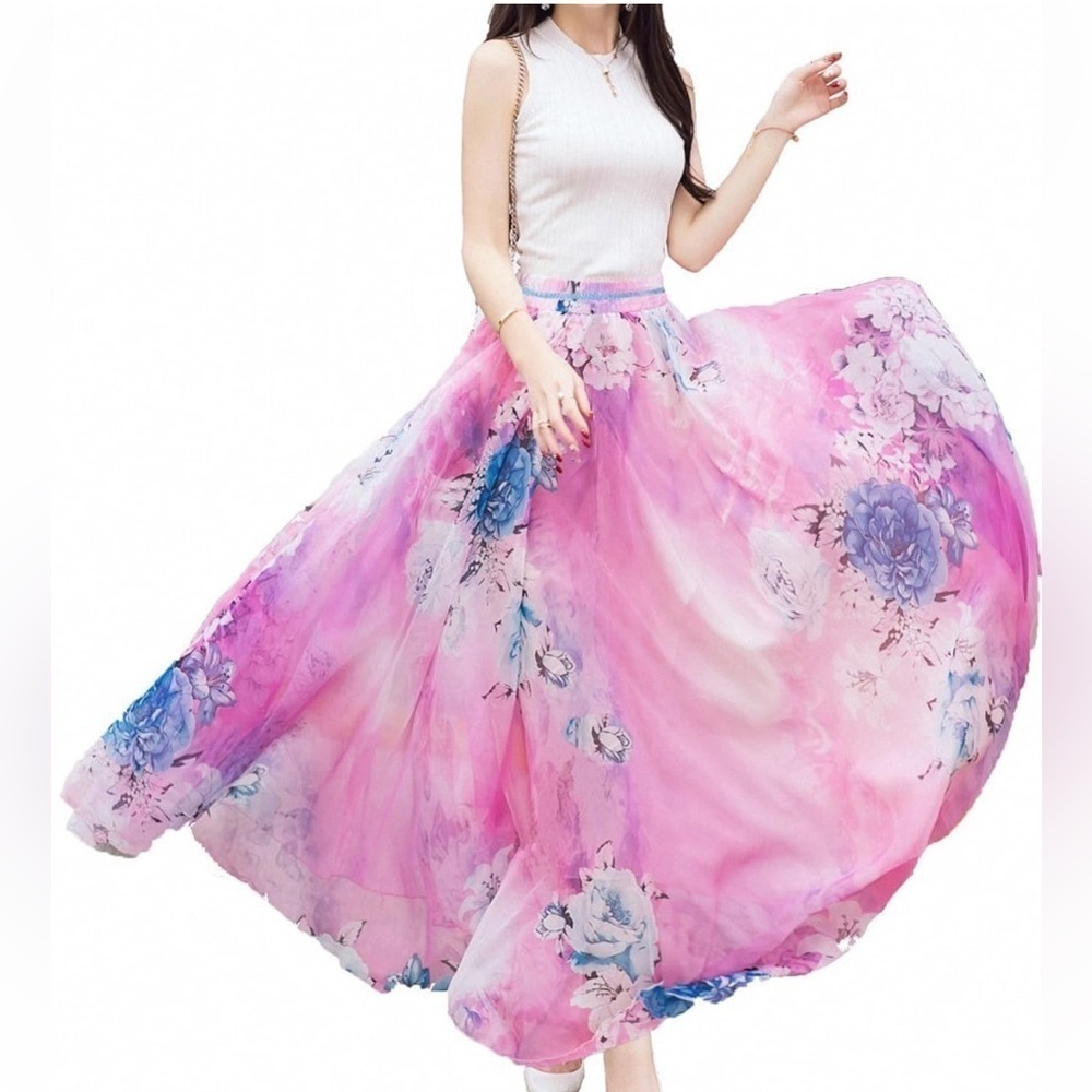 Afibi Full Maxi Skirt Chiffon Fully Lined Pink and Blue Fairy Faerie Size 3XL - Picture 3 of 14